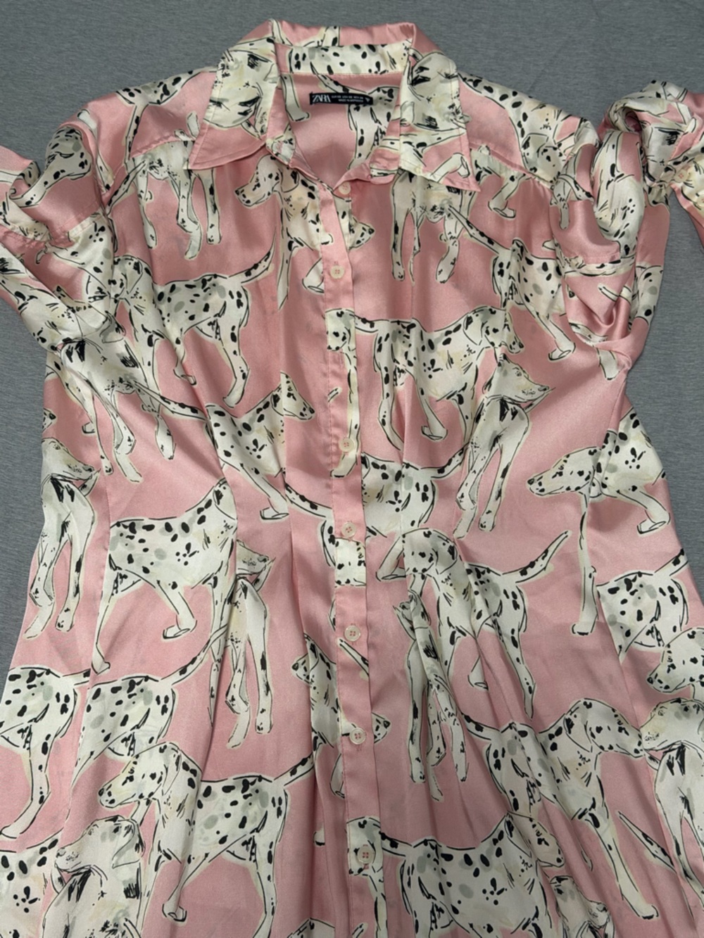 Zara Pink Dalmatian Dog Print Satin Shirt Dress Midi Long Sleeve XS - Picture 10 of 16